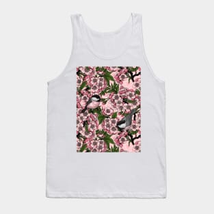 Cherry blossom and chickadees on pink Tank Top